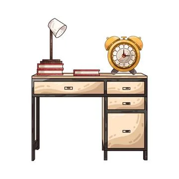 Study desk with books lamp and clock illustration Stock Illustration