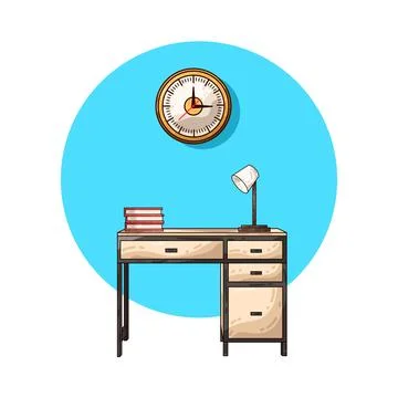 Study desk with books lamp and clock illustration Stock Illustration