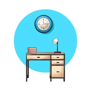Study desk with books lamp and clock illustration Stock Illustration