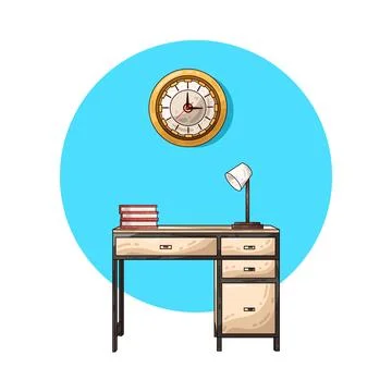 Study desk with books lamp and clock illustration Stock Illustration