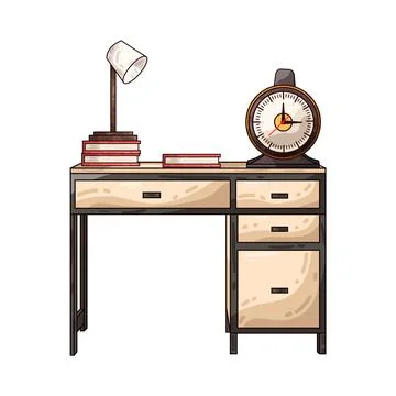 Study desk with books lamp and clock illustration Stock Illustration