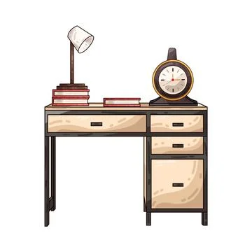 Study desk with books lamp and clock illustration Stock Illustration
