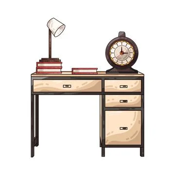 Study desk with books lamp and clock illustration Stock Illustration