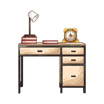 Study desk with books lamp and clock illustration 스톡 일러스트