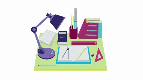 Study desk with math books lamp and drawing tools on white background Stock Footage 323447717