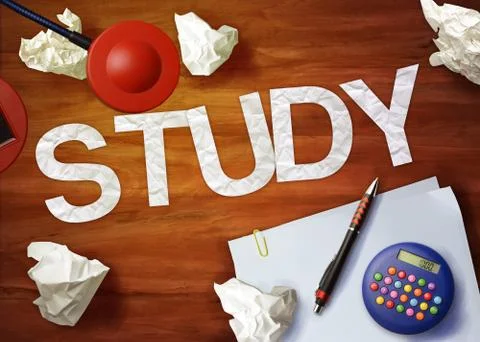 Study desktop memo calculator office think organize Illustrazione stock