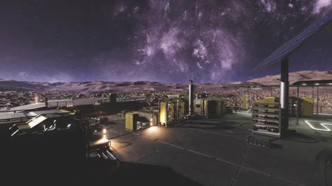 Study environment on starlit rocky landscape with scientific apparatus Stock Footage 330293542