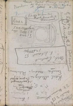 Study of a facade or clock and annotations. Page 94 From a sketchbook with... 스톡 사진