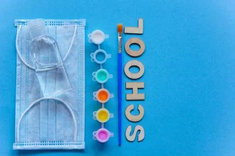 Study flatlay concept. Education supplies-pencil,pen,brush, paint, medical ma Foto stock