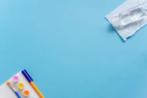 Study flatlay concept. Education supplies-pencil,pen,brush, paint, medical ma Stock Photos