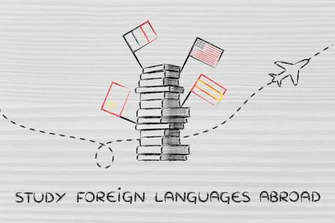 Study foreign languages abroad: books, flags and airplane Stock Illustration