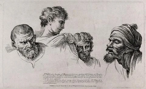 Study of four male heads. Etching by W. Hogarth (?) after Raphael, ca. 1750.. Illustrazione stock