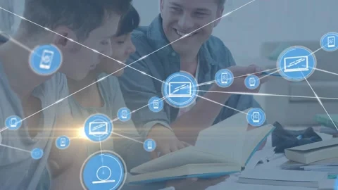 Study group reading book blue icon appearing activating education device network Stock Footage 330237736