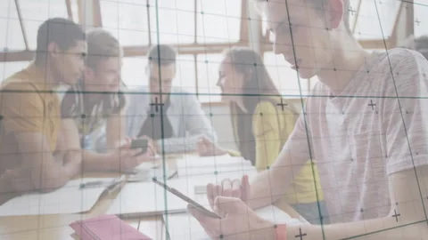 Study group unlocking tablet rotating phone while classmates analyzing papers Stock Footage 312361413