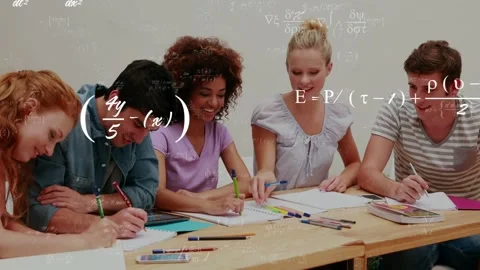 Study group writing notes triggers animated math formulas, sharing pens, smiling Video stock 320127709