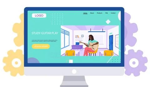 Study guitar play landing page template, girl with guitar sitting on chair Stock Illustration