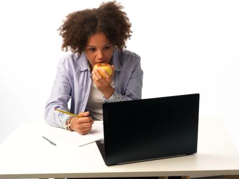 Study from home on the computer in video chat Fotos de archivo