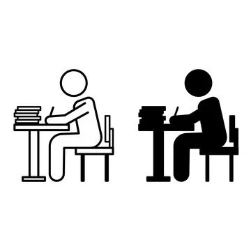 Study Icons. Black and White Vector Illustrations. Student Sitting at a Des.. Stock Illustration