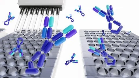 Study of IgE molecules using an ELISA or a similar microplate-based technique. Stock Illustration