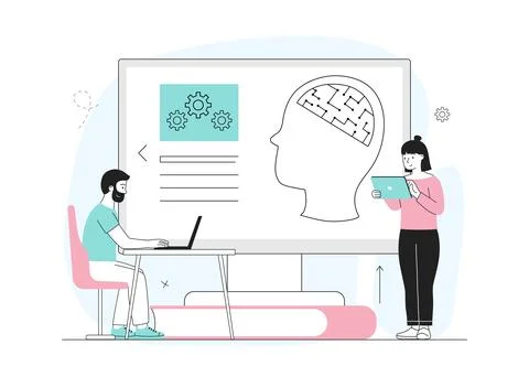 Study of intelligence. Man and woman study human brain. Anatomical studies Stock Illustration
