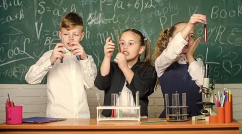 Study of liquid states. Group school pupils study chemical liquids. Girls and Foto stock