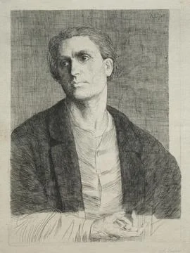Study of a Man's Head. Alphonse Legros (French, 1837-1911). Etching and dry.. Illustrazione stock