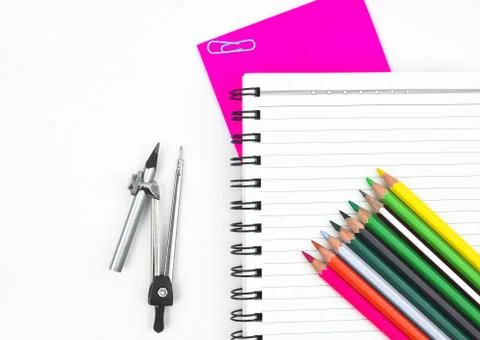 Study materials containing a row of different color pencil,a pencil compass,a Stock Photos