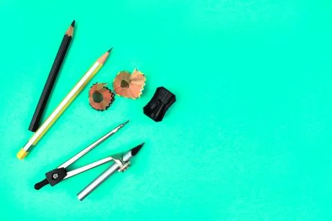 Study materials containing two pencils ,pencil compass pencil crayon and a pe Stock Photos