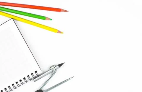Study materials containing various color pencil,a pencil compass and a diary Stock Photos
