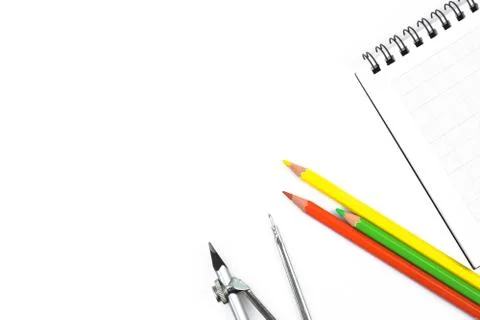 Study materials containing various color pencil,a pencil compass attached to Stock Photos