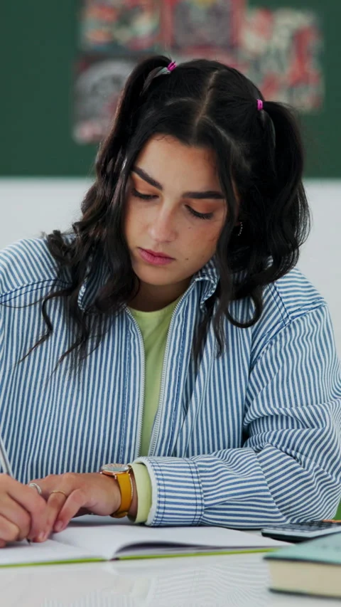 Study, notes or university student in home with book, exam prep or academic Stock Footage 340451517