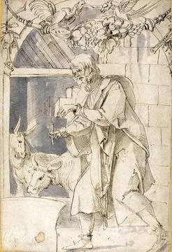 Study for one of two glass paintings depicting the Nativity 1510 after a Stock Illustration