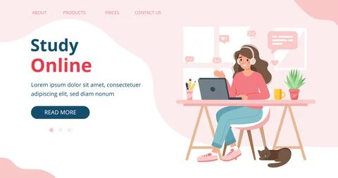 Study online landing page template, woman studying from home, online student Stock Illustration