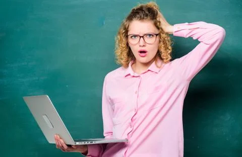 Study online. STEM student. Informatics and programming. Teacher notebook Stock Photos