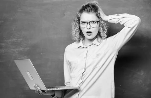Study online. STEM student. Informatics and programming. Teacher notebook Stock Photos