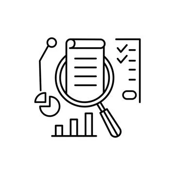 Study overview or regulatory icon with thin line magnifier. flat trend linear Stock Illustration