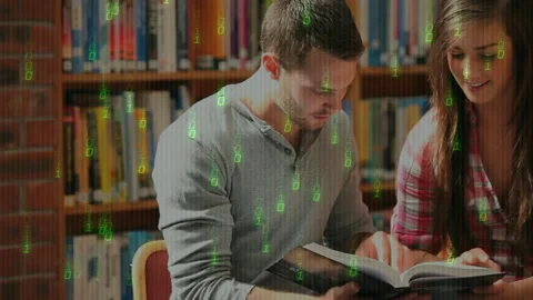 Study partners flipping pages in library while page flips starting binary Video stock 312280115