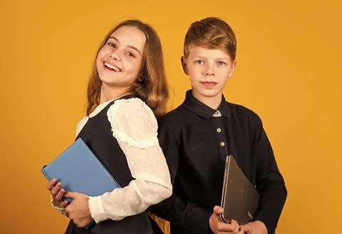 Study programming. Student with laptop computer. Child using pc. Life online Stock Photos