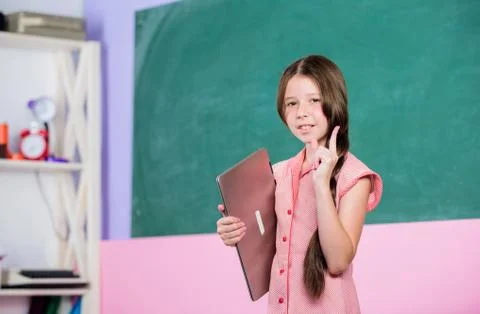 Study programming web design. Blogging hobby. Girl laptop computer. Little child Stock Photos