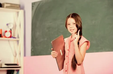 Study programming web design. Blogging hobby. Girl laptop computer. Little child Stock Photos