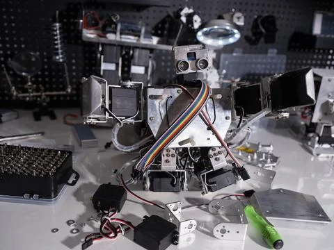 Study on robot on the workbench 스톡 사진