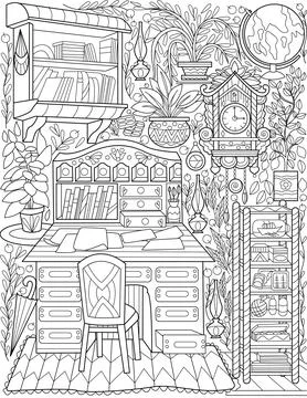 Study Room Doodle Line Drawing Desk Drawer Clock Globe Books Plants. Drawn Home Stock Illustration
