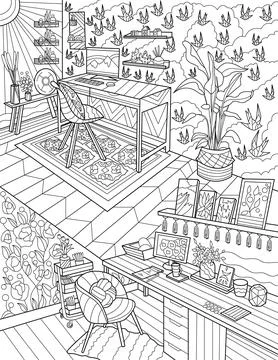 Study Room Line Drawing With Computer Carpet Desk Chair Plants. Home Office With Stock Illustration