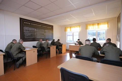 At the study room. Recruits learning statute of army. November 12, 2018. Novo 스톡 사진