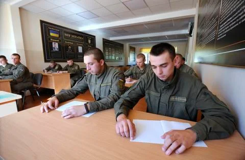 At the study room. Ukrainian recruits learning Stock Photos