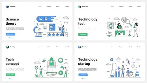 Study of scientific theory, tech startup, modern science technology set and tiny Stock Illustration