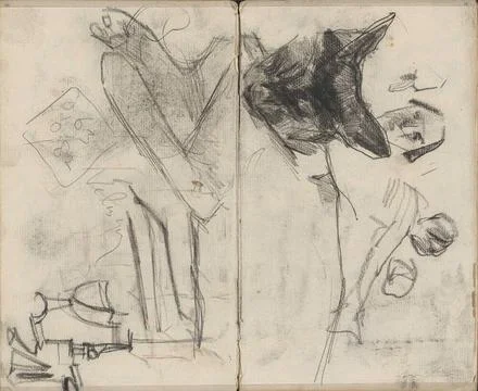 Study sheet with figures, a horizontal cat and objects. Page 25 and page 2... Stock Photos