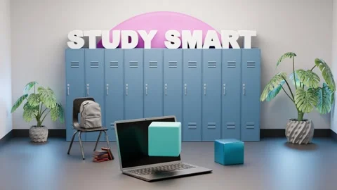 Study Smart animated video with laptop, lockers and 3D cube Stock Footage 316071352