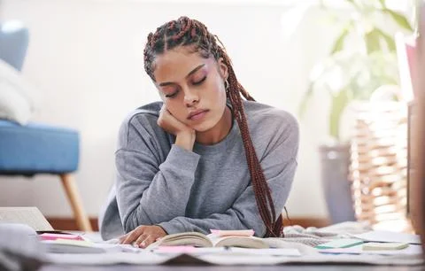 Study, sticky note and books for girl studying for university, college or school Stock Photos