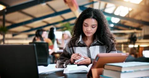 Study, sticky notes and woman in college with books, exam knowledge or plan.. Stock Photos